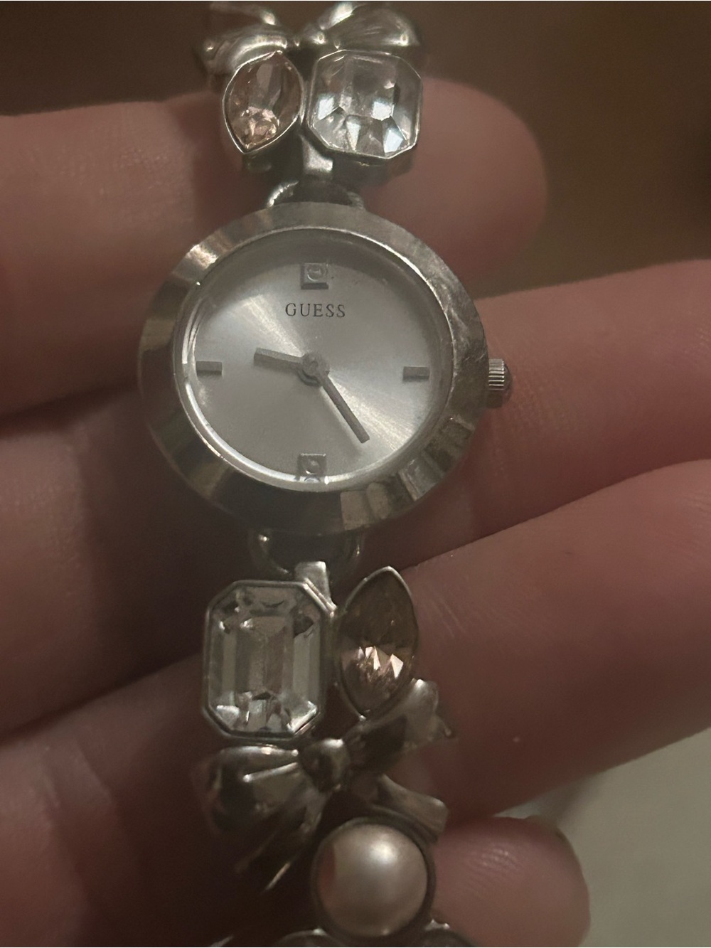 Guess Silver-Tone Crystal & Pearl Bracelet Watch